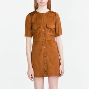 Trafaluc Faux Suede tan/brown pop button dress